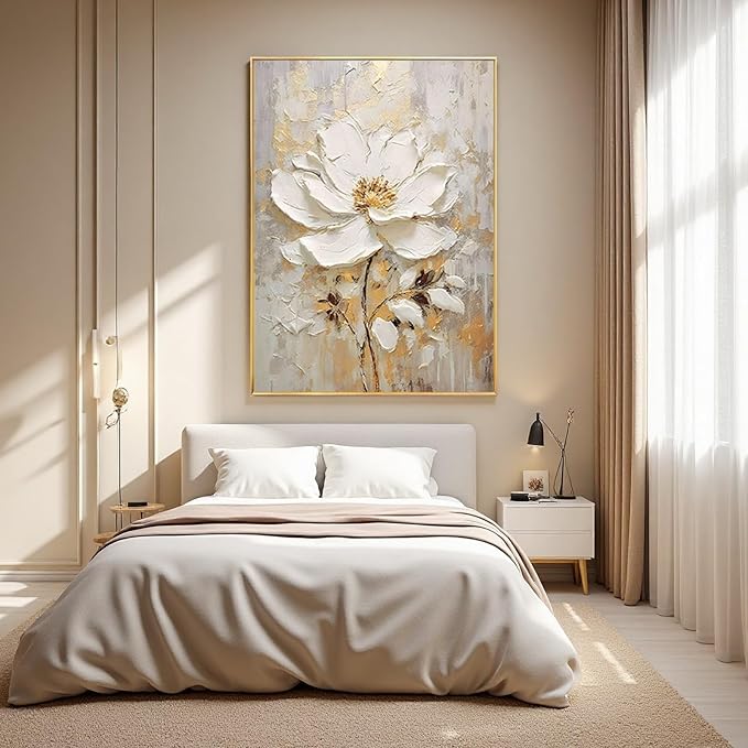 Large Hand Painted Flower Oil Painting for Ofiice-3D White Floral Canvas Wall Art for Bedroom- Framed Modern Artwork for Living Room Home Decoration 32x48inches