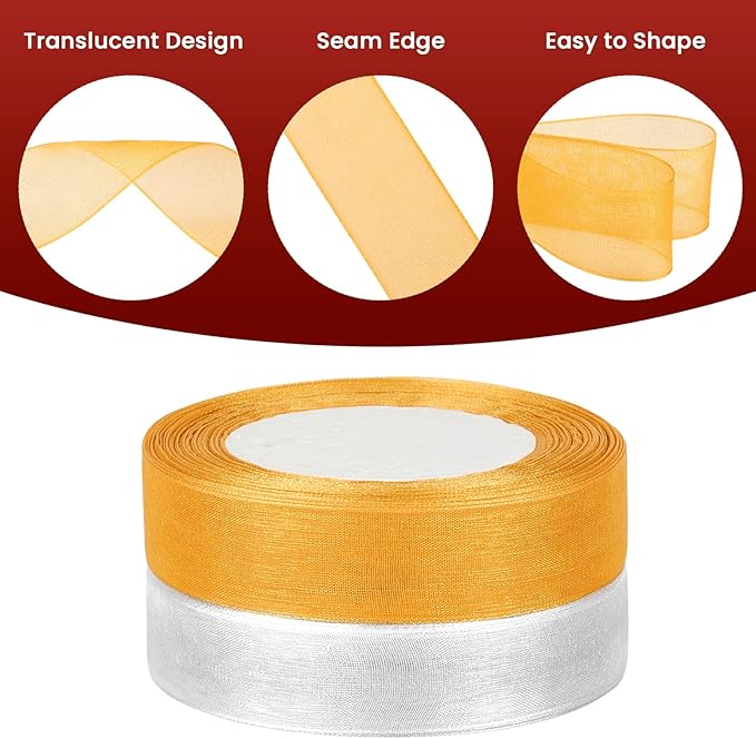 100 Yards Gold & Silver Sheer Organza Ribbons for Bow Making, Gift Wrapping, Christmas Decoration