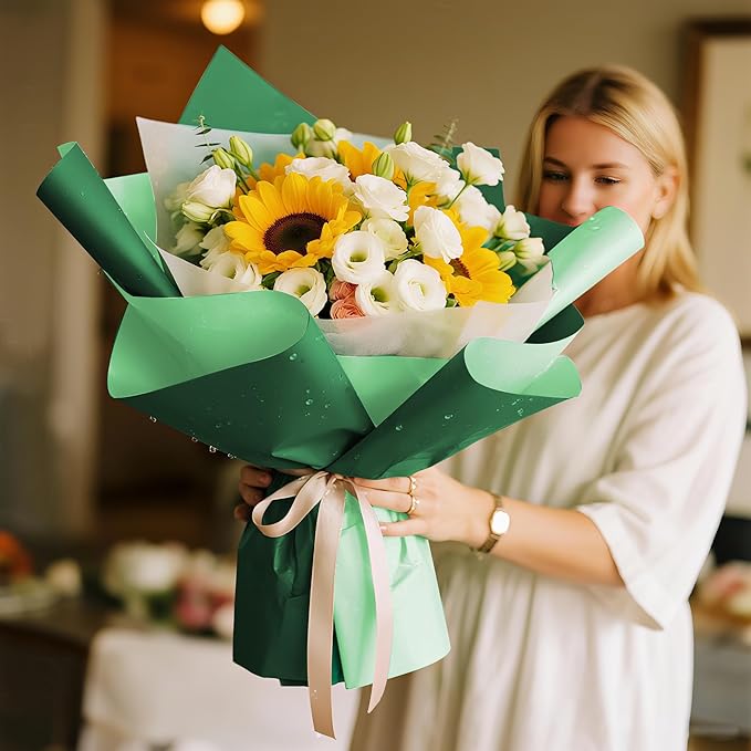 WRAPAHOLIC 20 Sheets Flower Wrapping Paper - 22.4 x 22.4 inch Grey Green Color Water-Resistant Floral Bouquet Wrapping Paper, Florist Supplies Packaging for Christmas Wedding Birthday Gift DIY