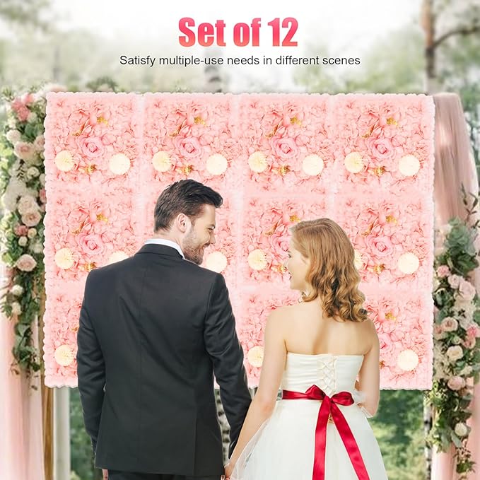 3D Flower Wall Panel Floral Backdrop,12Pack Artificial Flower Wall Background,Silk Rose Mat, Artificial Flower Backdrop Faux Flower Panel for Wedding
