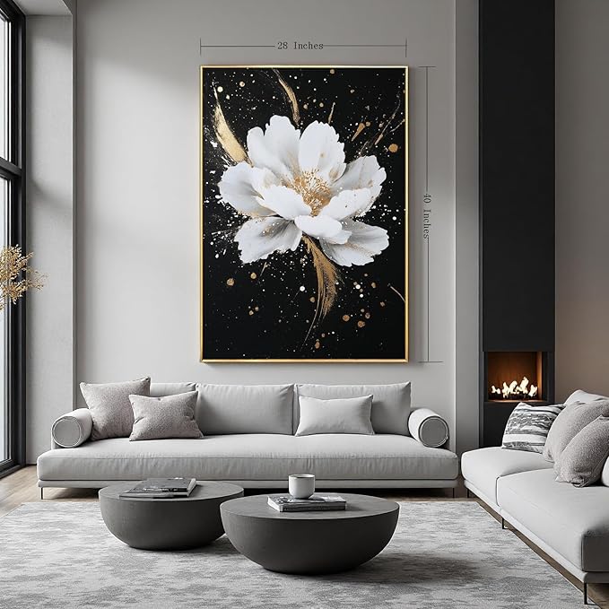 Framed Black and White Flower Canvas Wall Art for Living Room-Hand Painted Floral Wall Pictures for Bedroom- 3D Oil Painting for Office,Kitchen Home Wall Decorations 28" x 40"