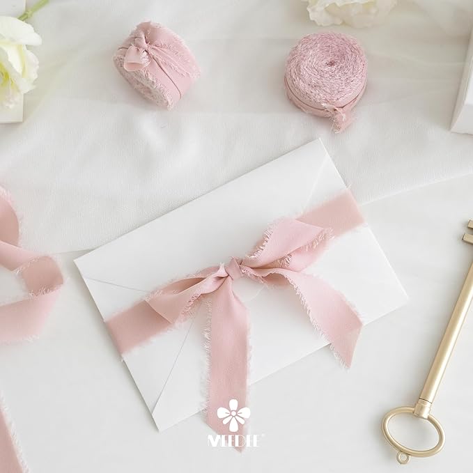 MEEDEE Dusty Rose Chiffon Ribbon 1 Inch Fringe Ribbons Dark Pink Chiffon Silk Frayed Edge Ribbon Thin Chiffon Ribbons for Crafts, Gift Wrapping, Wedding Invitation (3 Rolls 21 Yards)