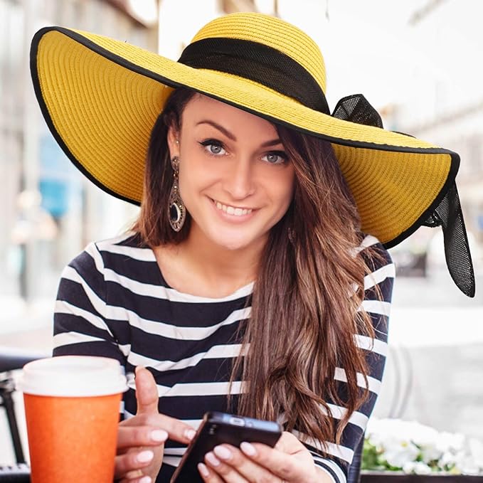 DRESHOW Beach Hats for Women Big Straw Wide Brim Summer Hat Floppy Foldable Roll up Cap Sun Hat UPF 50+