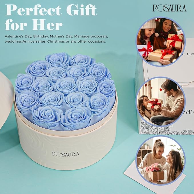 Rosaura Round Preserved Roses Gift Box - Real Forever Flowers for Birthday, Valentine's & Mother's Day (Sky Blue, 17 Roses)
