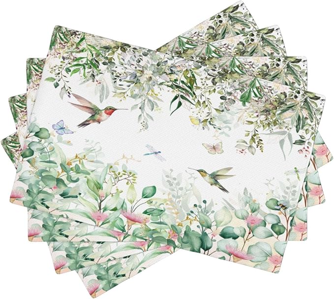 Natural Bird Placemats, Green Spring Watercolour Botanical Flower Butterfly Hummingbird Fly Print Washable Fabric Placemats Table Kitchen Dining Party 12x18 Inch Set of 6