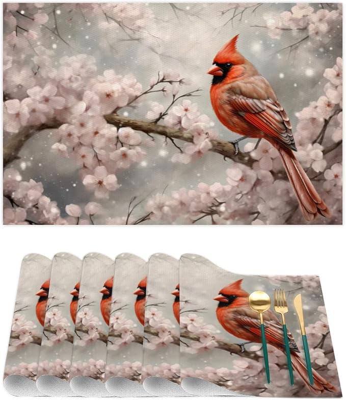 PVC Placemats Set of 1 Winter Red Cardinal Flower Wipeable Table Mats Washable Heat Resistant Non Slip Vinyl Dining Table Mat for Kithen Indoor Outdoor Patio Farmhouse Place Mats Decorative