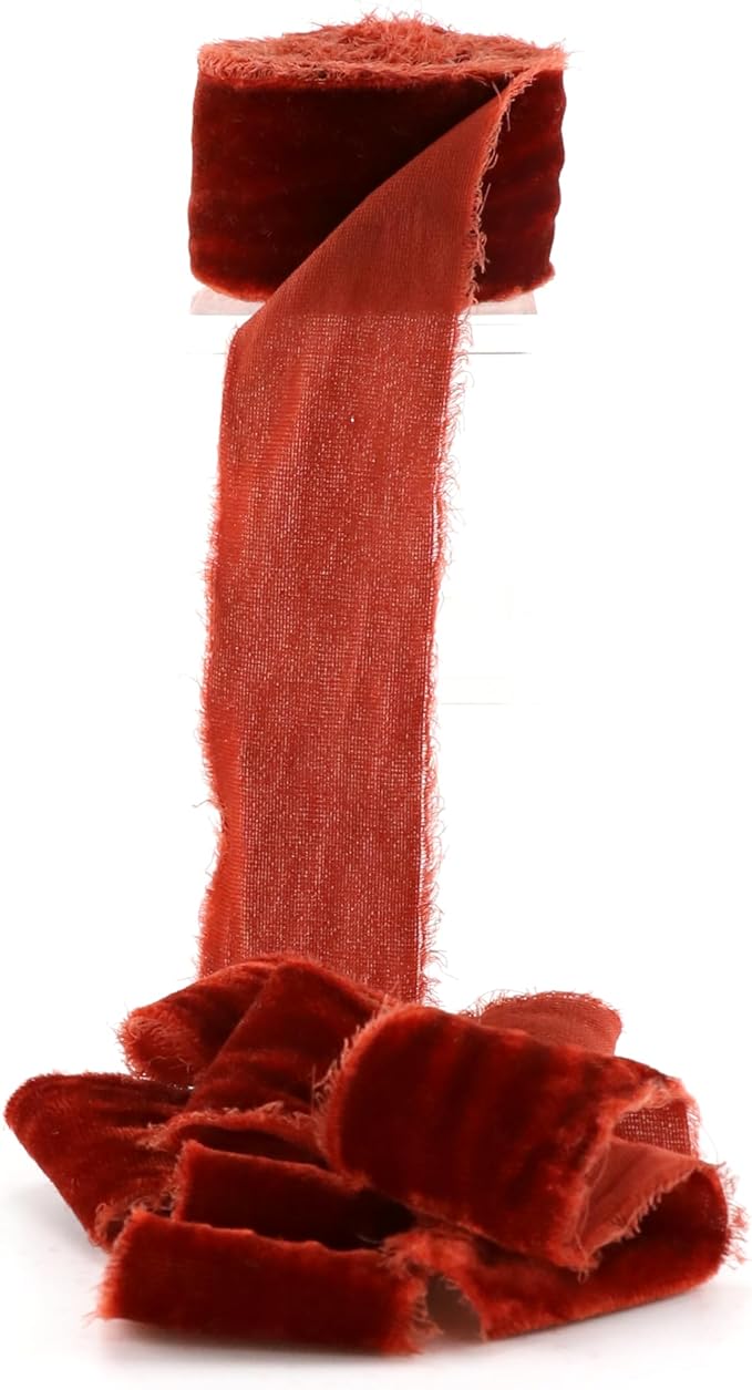 Rust Red Silk Velvet Ribbon 1.5 Inch Frayed Edge Ribbon Rustic Style Fringe Gift Raw Edge Boho Velvet for Wedding Invitation Bridal Bouquet -3yards