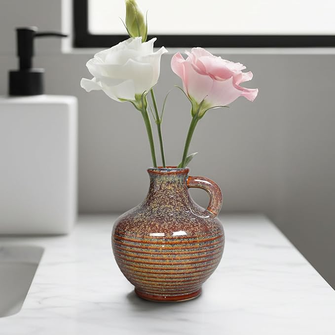 Sunddo Brown Ceramic Vase 6 Inch - Small Rustic Decorative Vase with 1 Handle, Rustic Farmhouse Decor, Bedroom, Bathroom, Bookshelf, Mantel, Coffee Table Decor