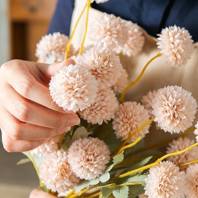 6 Artificial Silk Flowers + 3 Eucalyptus, Artificial Chrysanthemums with Stems for Home Decor,Bumnt Beige