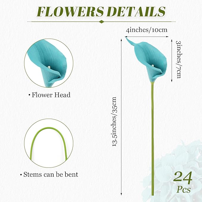 24 Pcs Teal Flowers Artificial Calla Lily Flower Fake Teal Silk Flowers Real Touch for Wedding Bouquet Home Kitchen Decor