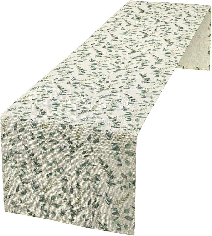 Watercolor Leaf Table Runner, Green Botanical Leaves Nature Decor Table Runner for Kitchen Dining Party Picnic Decoration, 13x70 Inch
