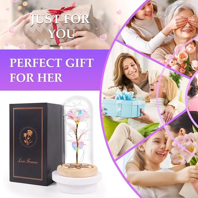 Mothers Day Flowers Gifts for Mom, Birthday Gifts for Women, Galaxy Glass Rose Gifts for Grandma Wife Daughter Artificial Forever Preserved Flowers for Delivery Prime Rose in Glass Dome, Colorful