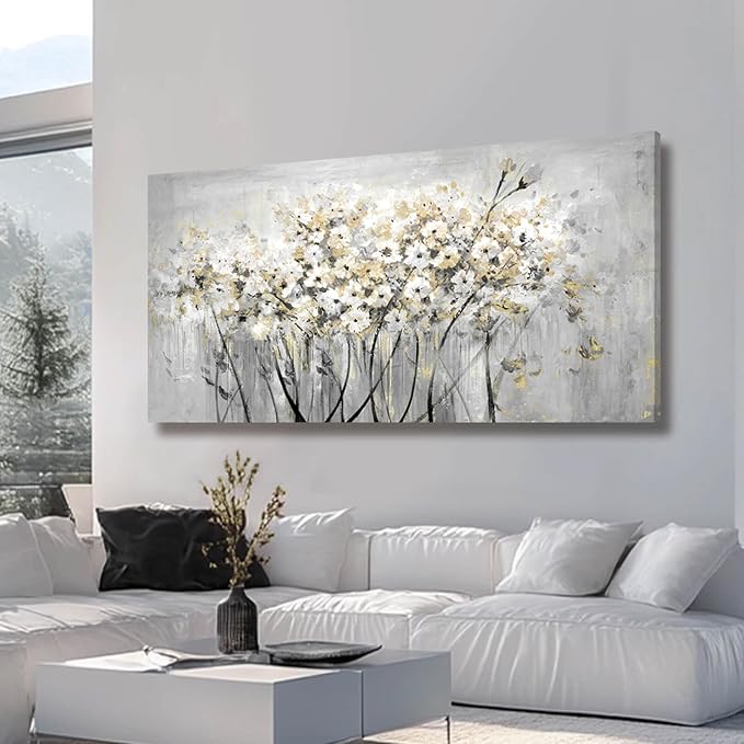 Flowers Canvas Wall Art White Paintings Grey Gold Contemporary Artwork Master Bedroom Wall Decor 29"x 58" Large Framed Art for Living Room Office Home Decor