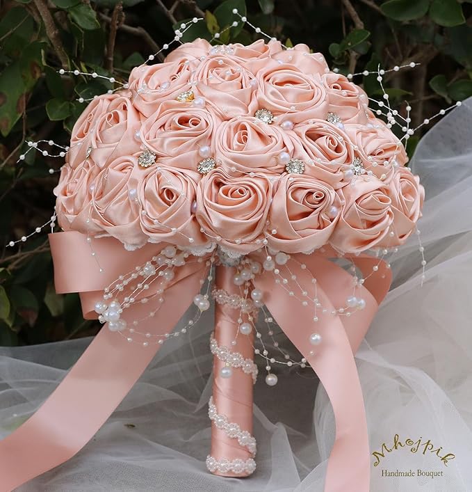 Bridal Wedding Bouquet Round Bling Brooch Bouquet Throw Toss Artificial Rose Flower Bunch for Bride Bridesmaid Wedding Quinceanera(Peach Pink, 9.8")