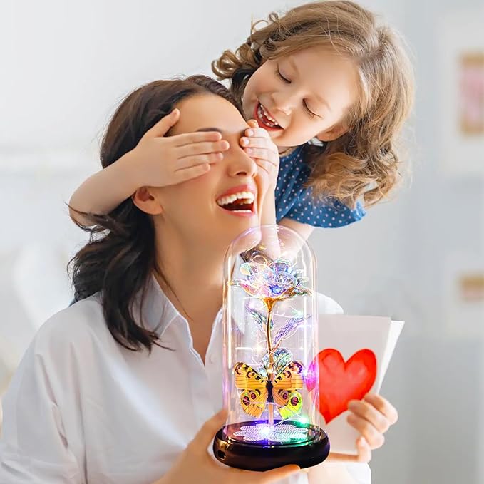 Christmas Rose Gifts for Women, Womens Gift for Christmas Rechargeable Galaxy Glass Rose Light Up Roses In Glass Dome Colorful Crystal Flower Butterfly Birthday Xmas Gifts for Women Her Wife Grandma