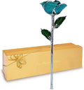 Forever Rose Real Serenity Sparkle Rose with Glittery Teal Platinum Trimmed Petals and Platinum Stem, Handcrafted Preserved Rose in Gold Gift Box, Romantic Gift for Her, Elegant Gift for Any Occasion