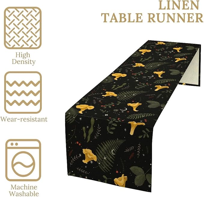 Magical Forest Table Runner, Rustic Country Wild Yellow Mushrooms Plants Botanical Herbs Print Table Runner for Holiday Farmhouse Kitchen Dining Table Decor, 13x108inch