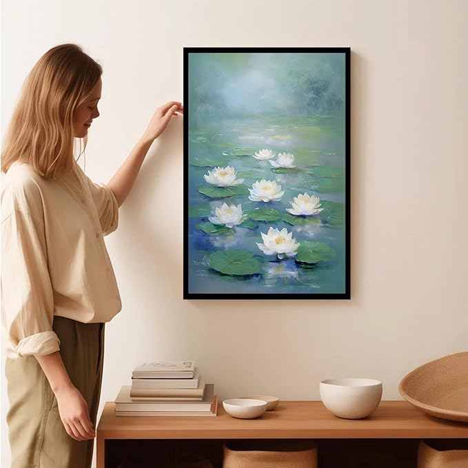 Zen wall art Delicate white lotus flower floating on calm water Vintage oil painting print Serene aquatic wall art creates a tranquil home decor 20x30in Metal blackFramed