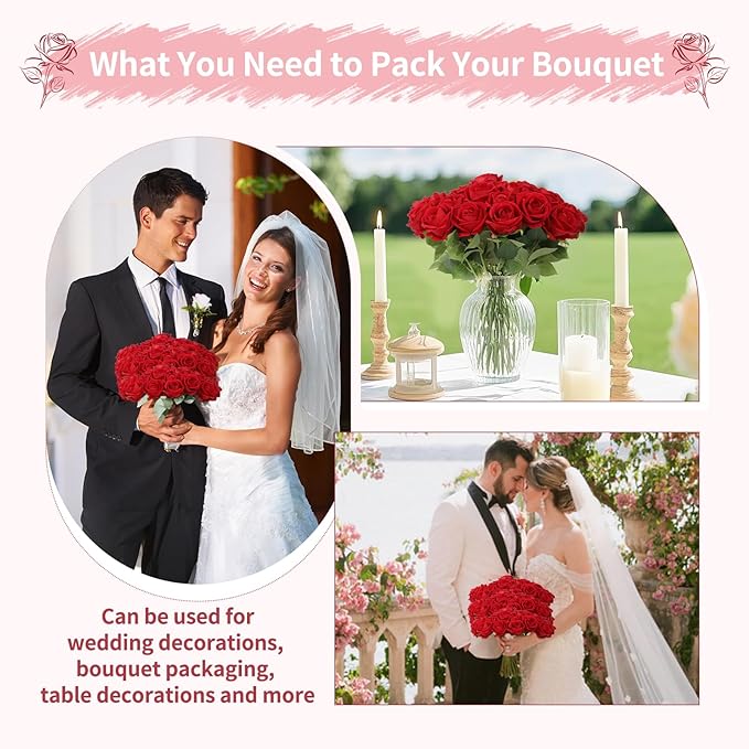 102 PCS Red Roses Artificial Flowers, Fake Red Rose Bouquet, Artificial Silk Red Roses with Stems for Wedding Flowers Decoration, Valentines Day Mothers Day, Bridal Bouquet Roses
