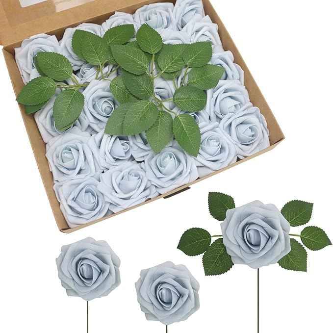 100Pcs Powder Blue Artificial Flowers Realistic Roses, Real Looking Fake Roses with Stem for DIY Wedding Bouquets Centerpieces Bridal Shower Party Home Romantic Decorations (Powder Blue, 100pcs)
