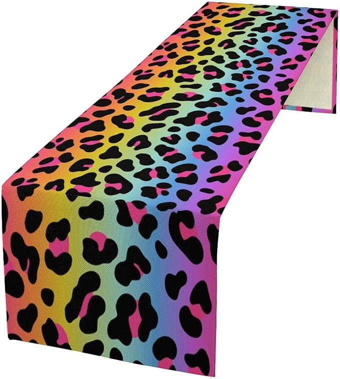 Rainbow Leopard Skin Print Table Runner, Wildlife Colorful Neon Cheetah Dots Dinner Runner Table Decoration for Farmhouse Home Kitchen Dining Table Party Holiday Decor 13x120in