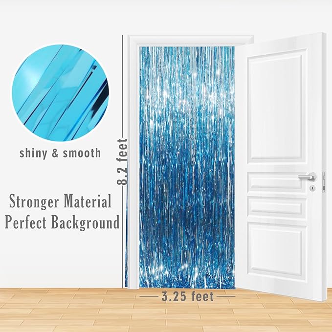 GOER 3.2 ft x 8.2 ft Metallic Tinsel Foil Fringe Curtains Party Photo Backdrop Party Streamers for Birthday,Graduation,New Year Eve Decorations Wedding Decor (Light Blue,1 Pack)