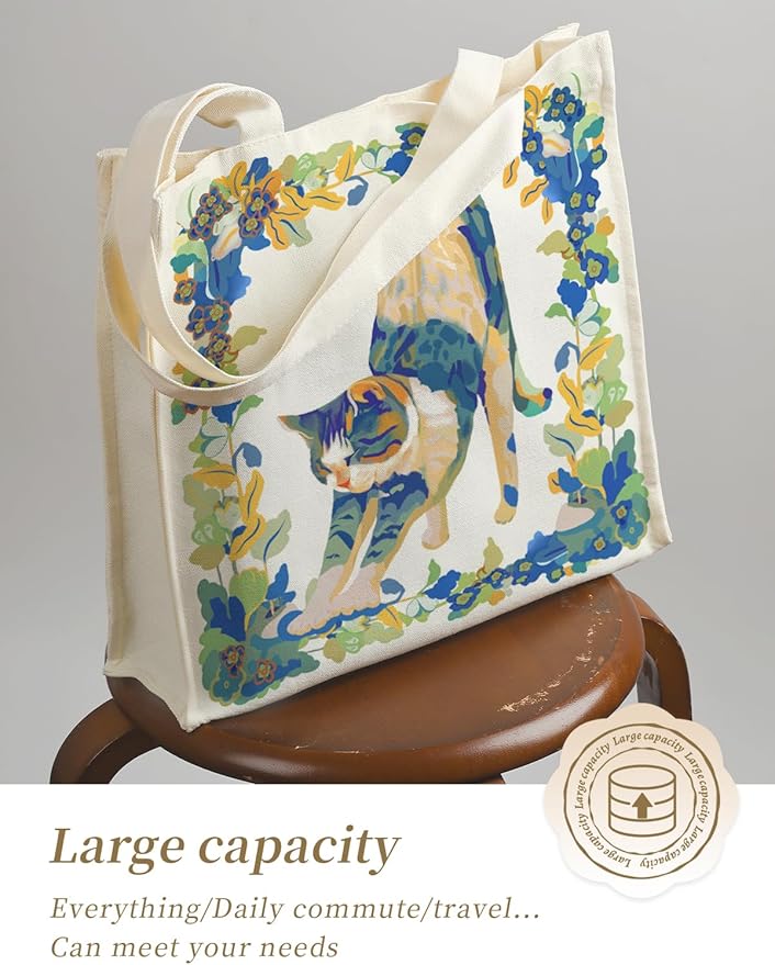 AUSVKAI Canvas Tote Bag Aesthetic for Women, Cute Reusable Bags with Pockets & Snaps for Beach Shopping College Gym Grocery