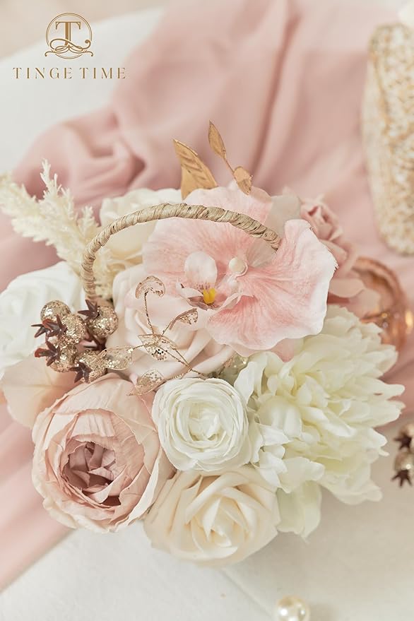 TINGE TIME Artificial Flowers Combo Mix Silk Flowers Pink Roses w/stem for DIY Wedding Bridal Bouquets Baby Shower Floral Arrangement Table Centerpieces Home Decorations (Dusty Rose & Champange)