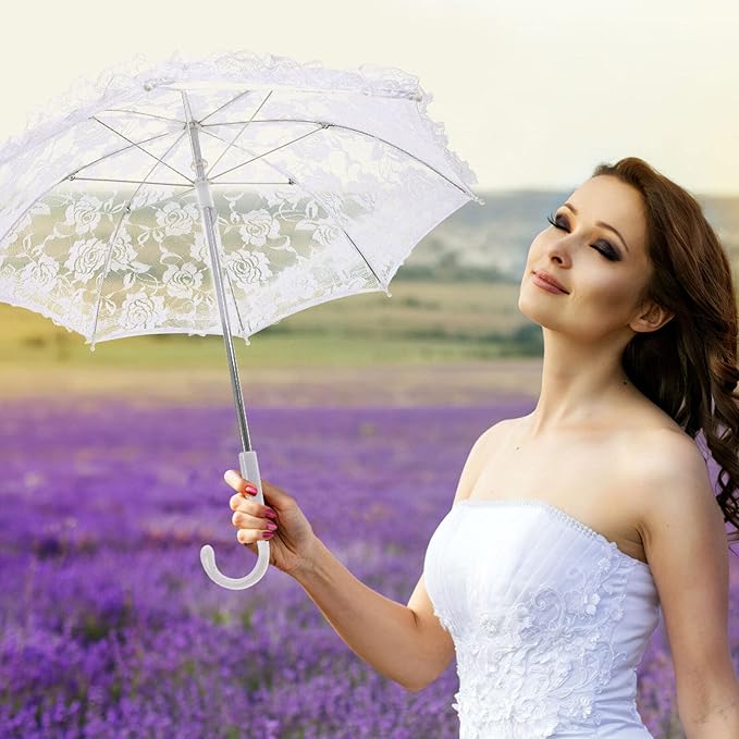 Lace Umbrella Parasol Floral White Umbrella Vintage Wedding Bridal Umbrella Photography Scene Props for Baby Shower Bridal Decorations Assorted Color A
