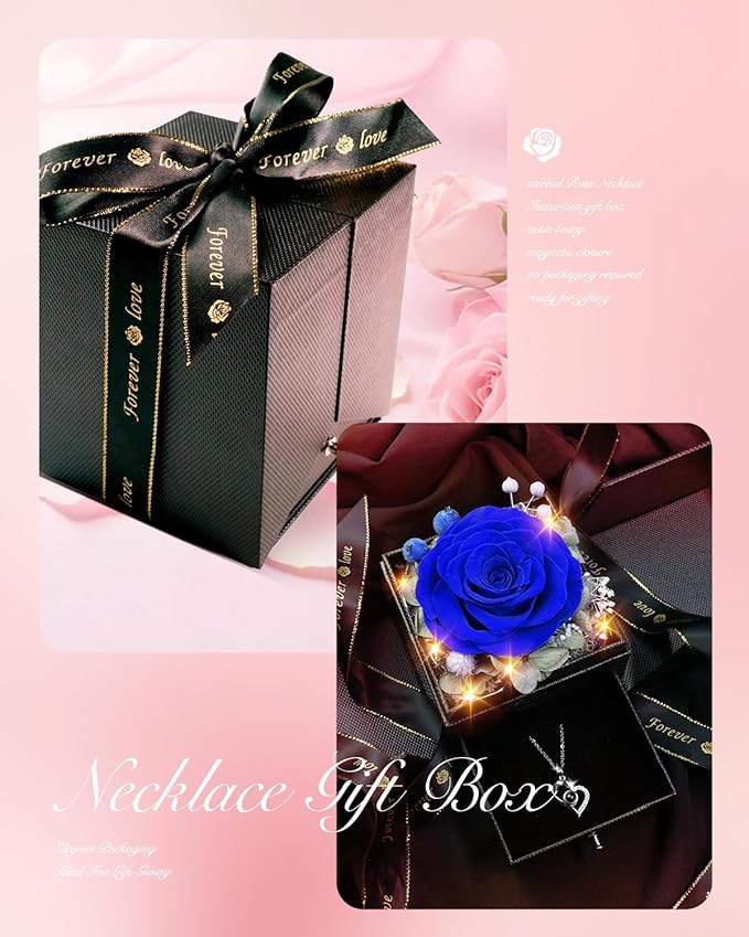 Birthday Gifts for Women, Preserved Real Roses with Heart Necklace I Love You in 100 Languages, Romantic Anniversary Wedding Gifts for Women Her Girlfriend Wife, Forever Roses Necklace Gift Box Blue
