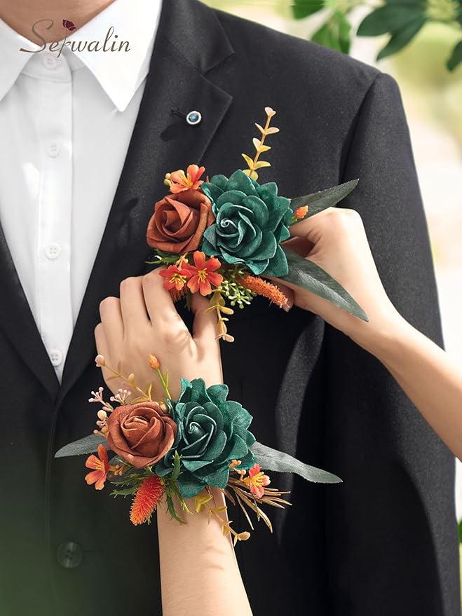 Serwalin Teal Orange Wrist Corsage and Boutonniere Set 2pcs, 6-7inch Boutonniere for Men, Corsage Wristlet Wristband Prom Flower Wedding Flowers Accessories Prom Suit Decorations
