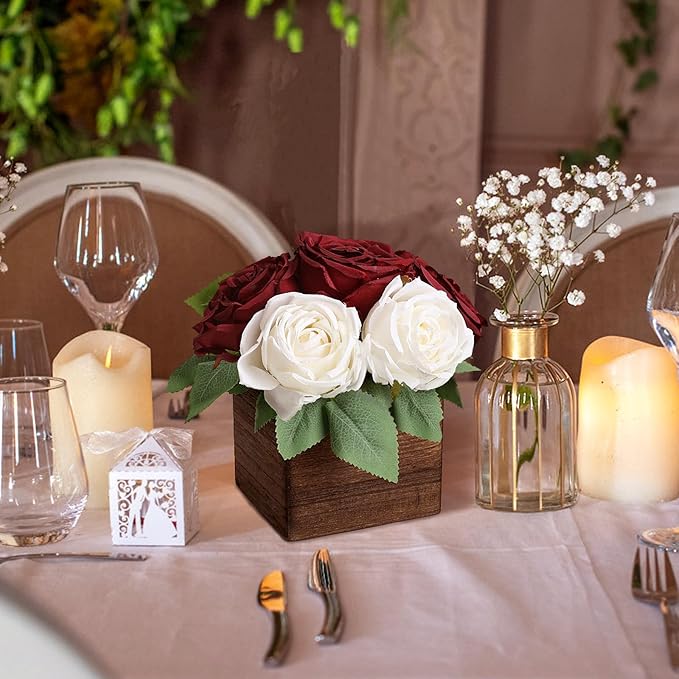 Dining Table Centerpiece Set of 6 - Pre-Made Aritifial Rose with Wooden Vase Fake Floral Arrangment Faux Flower for Wedding Bridal Tea Party Event Decorations - Burgundy & White