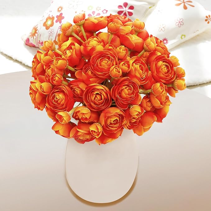 24 Pcs Ranunculus Artificial Flowers 10.5", Mini Faux Silk Ranunculus with Stem, Fake Flowers for Home Decor Indoor Wedding Bouquets Centerpieces (Orange)