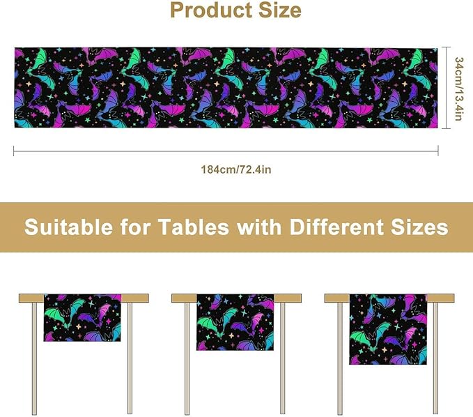 Gothic Table Runner,Colorful Bat Star Pattern Table Runner for Home Kitchen Table Dining Garden Farmhouse Wedding Party Decor 13x90 Inch