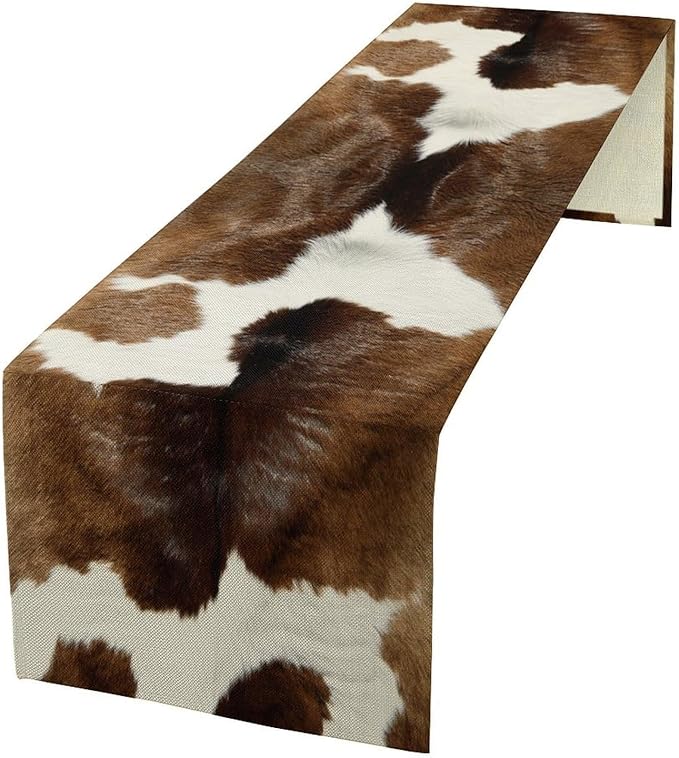 Cow Skin Print Table Runner Farmhouse Western White Brown Cowhide Rustic Cottage Country Seasonal Spring Fall Kitchen Dining Table Decoration for Home Party Dinner 13x120cm