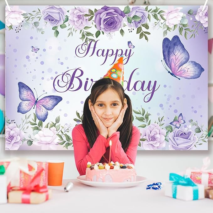 7x5Ft Butterfly Happy Birthday Backdrop Purple Butterfly Backdrop Rose Flowers Decorations Girls Birthday Party Backdground Decoration Cake Table Banner Happy Birthday Photography Background