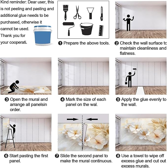 White Flowers Marble Wall Mural, Luxury Floral 3D Wall Murals, Elegant Gold Leaf Design Wallpaper Mural, for Living Room Bedroom Large Wallpaper Indoor Decor 98.4" W x68.9 H