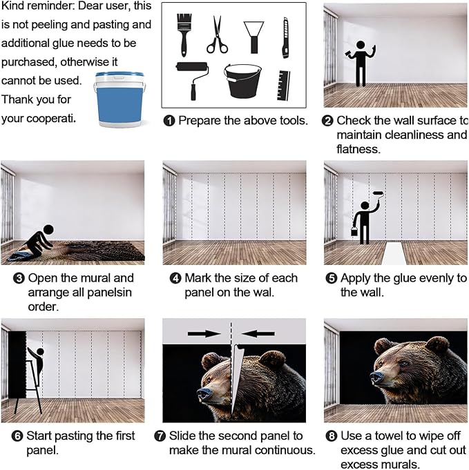 Brown Bear Wall Mural, Bear 3D Wall Murals, Wild Animal Wallpaper Mural, for Living Room Bedroom Large Wallpaper Indoor Decor 137.8" W x100 H