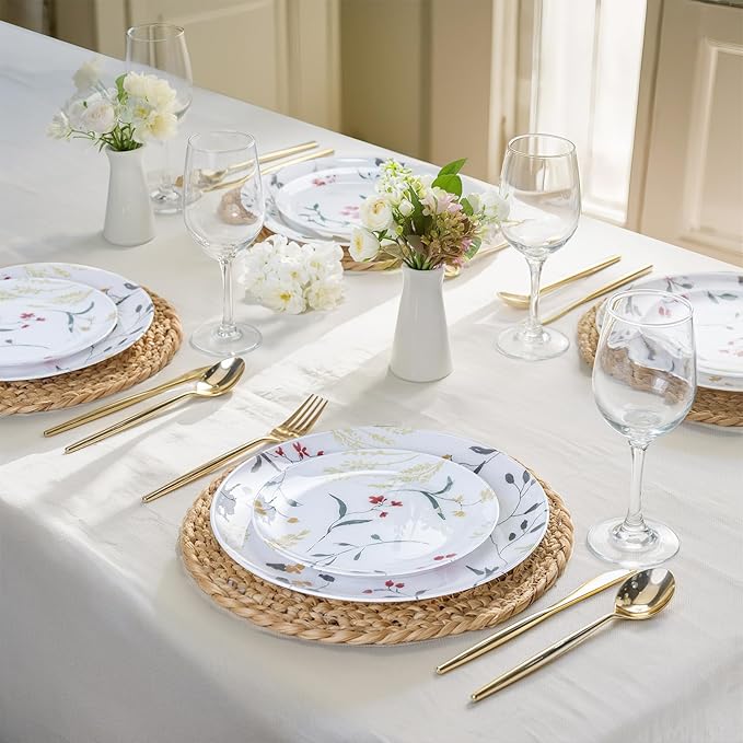 U-QE 20Pcs Wildflower Plastic Plates - Spring Floral Plates Disposable Heavy Duty, Fancy Floral Pattern Perfect for Weddings, Tea Parties, Holidays - 10.25" Dinner Plate & 7.5" Dessert Plate