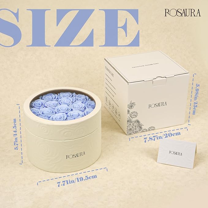Rosaura Round Preserved Roses Gift Box - Real Forever Flowers for Birthday, Valentine's & Mother's Day (Sky Blue, 17 Roses)