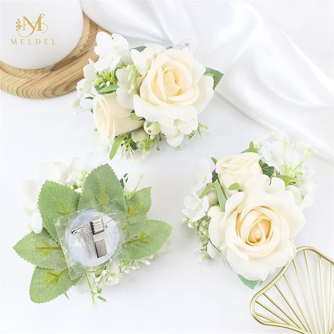 Meldel Champagne Pocket Boutonniere for Men Wedding,Set of 6,Groom Groomsman Boutonnieres Artificial Rose Hydrangea Berry Corsage for Prom Ceremony Party Homecoming