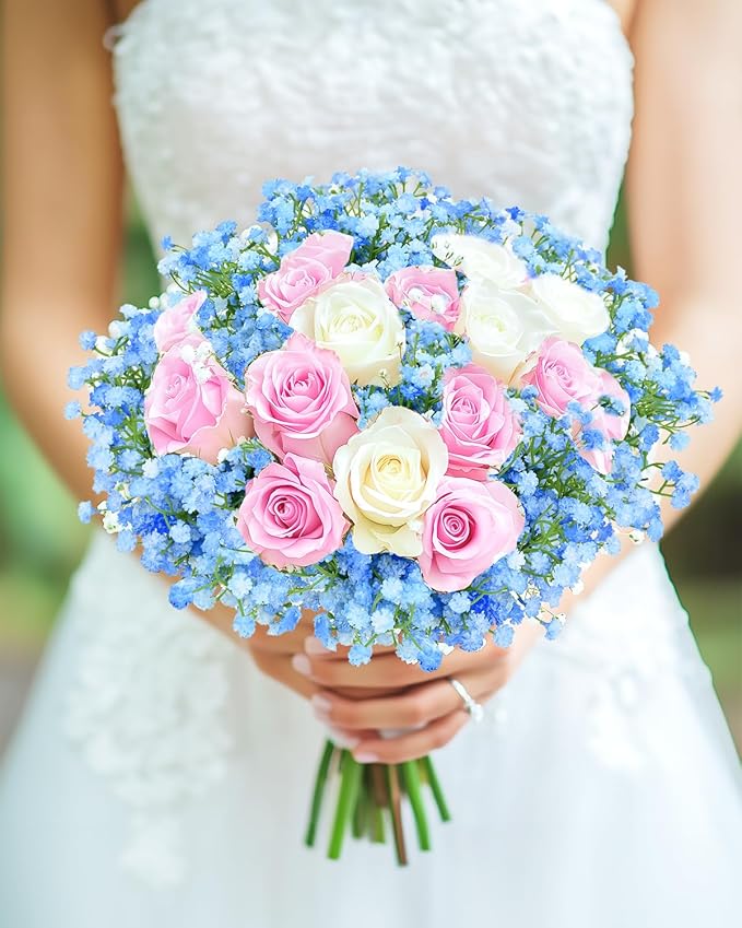 48Pcs Babys Breath Artificial Flowers, Fake Baby Breath Flowers Artificial Bulk Faux Gypsophila Real Touch Flowers for Wedding DIY Bouquet Floral Arrangement Party Home Garden Decoration, Blue