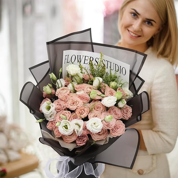 Rumvan Flower Wrapping Paper, 20 Sheets, Waterproof, Floral Bouquet Design, for Wedding, Birthday Gift, DIY Florist Supplies (Black)