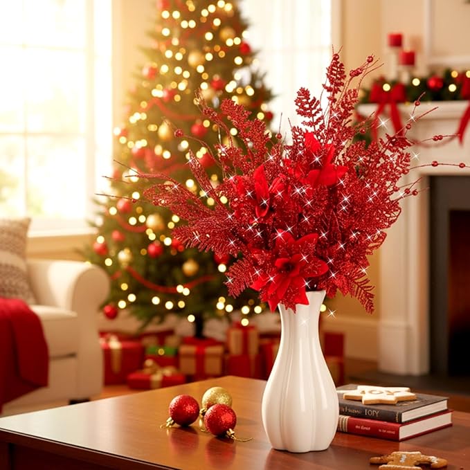 18 Pack 3 Styles 17 Inch Christmas Glitter Poinsettia Berry Stems Ornaments Artificial Floral Branches Picks for Christmas Tree Home Vase Holiday Party Decor(Red)
