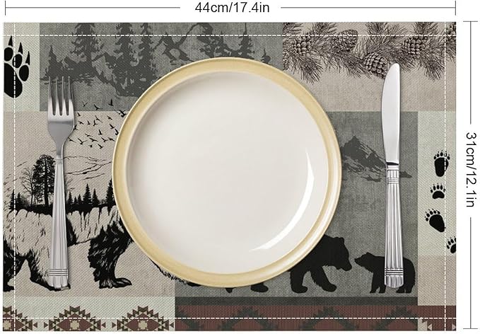 Retro Rustic Lodge Bears Placemats Set of 6, Vintage Cabin Pine Tree Farmhouse Country Style Place Mats, Heat Resistant Non Slip Cotton Linen Dining Table Mats for Home Kitchen 18x12 Inch
