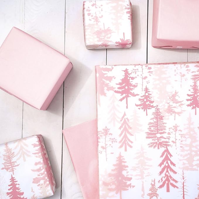 Whaline 100 Sheets Christmas Pink Tissue Paper Christmas Tree Gift Wrapping Paper Art Craft Paper for Home DIY Gift Bags Xmas Winter New Year Decor, 14 x 20 Inch