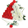 30pcs Fake Roses Artificial Silk Flowers Long Stems Bouquet for Wedding Bridal Shower Party Home Decoration (White + Red)
