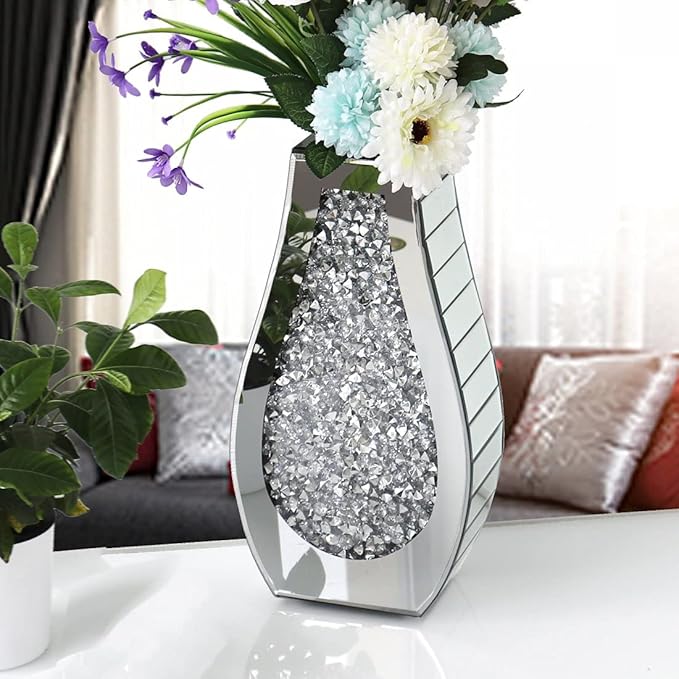 Flower Vase Crushed Diamond Mirrored Vase Crystal Silver Glass Decorative Mirror Vase Large Size Luxury for Home Decor. Arc-Shaped Thickened. Can’t Hold Water.