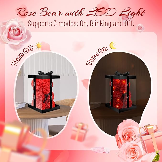 Otlonpe Cute Bear Rose Flower with Light | Women Gifts & Indoor Table Decorations for Christmas, Valentines, Mothers Day, Birthday, Anniversary | Handmade Gifts for Women Mom Wife Girlfriend (Red)