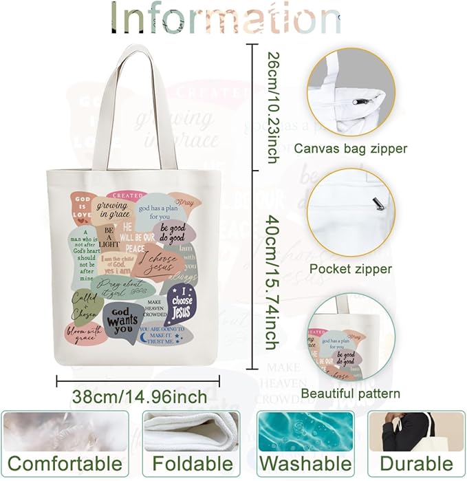 ANATTASOUL Canvas Tote Bag Encourage Quote Reusable Cotton Bag for Women, Durable Cloth Shoulder Bags with Zipper Pockets for Shopping, Vacation, Work, Gym